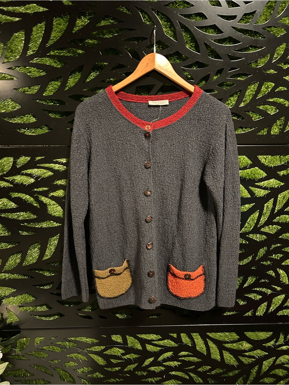Margaret Winters Button-Front Cardigan w/Red Trim & Color-Block Pockets, Small